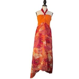Glo- sunset orange scarf tie halter hi low mixed media maxi dress. Size xl